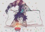 anthro ass_up black_hair brown_eyes candle clothing confetti crossed_arms female fur grey_body grey_fur hair hat headgear headwear looking_aside party_hat pillow solo tongue tongue_out hyilpi kisa_(pervenche) genet mammal viverrid 2021 digital_media_(artwork) hi_res