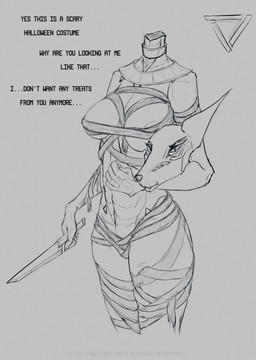 angry anthro areola areola_slip augmented breasts clothed clothing costume cybernetics female halloween_costume head_in_hands headless holidays knife looking_at_viewer machine mostly_nude nude sketchy solo synthetic text wrapped_arms wrapped_legs wraps the_dark_skull halloween android canid canine canis cyborg jackal mammal robot absurd_res digital_media_(artwork) guide_lines hi_res sketch