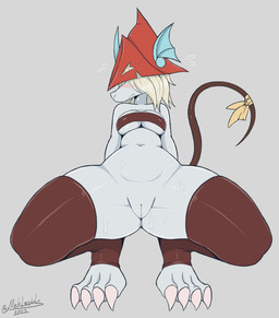 4_toes accessory anthro blonde_hair blush bodily_fluids bottomless breasts brown_clothing brown_legwear brown_tail brown_thigh_highs brown_topwear claws clothed clothing crouching feet female front_view fur furgonomics genitals grey_background hair hair_over_eyes hat headgear headwear innie_vulva legwear looking_away navel presenting presenting_vulva raised_tail red_clothing red_hat red_headwear ribbons shy simple_background solo spreading sweat tail tail_accessory tail_ribbon thick_thighs thigh_highs toe_claws toeless_legwear toeless_stockings toes topwear vulva white_body white_fur mehdrawings final_fantasy final_fantasy_ix square_enix freya_crescent burmecian mammal rodent 2022 absurd_res dated digital_media_(artwork) hi_res signature