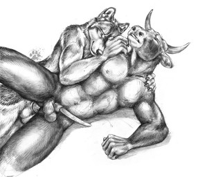 2010 anal anal_penetration balls blotch bovine canine cattle erection eyes_closed gay grin horn interspecies male mammal minotaur monochrome navel nipples pain pecs penetration penis plain_background sex sketch thin_penis traditional_media white_background wolf
Rating: Explicit
Score: 9
User: Vinea
Date: March 10, 2014