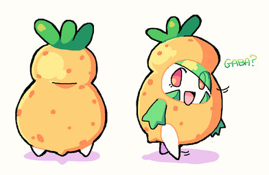 clothing costume featureless_feet feet female food food_costume front_view fruit open_mouth open_smile plant pokemon_berry rear_view simple_background sitrus_berry smile solo white_background melfunnysmell nintendo pokemon gaba_(melfunnysmell) gardevoir generation_3_pokemon humanoid pokemon_(species)