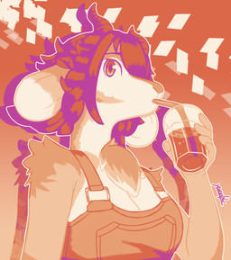 abstract_background anthro breasts clothed clothed_anthro clothed_female clothing container countershade_torso countershading cup drinking_glass drinking_straw drinking_straw_in_mouth female female_anthro fur glass glass_container glass_cup hair holding_glass holding_object horn orange_clothing orange_eyes orange_hair orange_overalls overalls purple_hair shadow solo white_body white_fur yaravik ava_(yaravik) bovid caprine goat mammal 2023 absurd_res bust_portrait hi_res orange_theme portrait signature