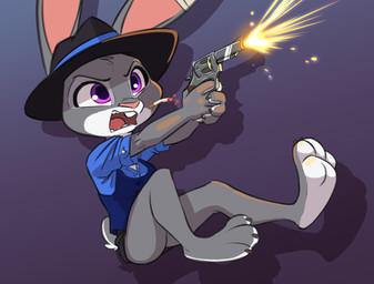 3_toes anthro barefoot buckteeth butt cigarette clothed clothing feet female fur grey_body grey_fur gun handgun hat headgear headwear holding_gun holding_object holding_ranged_weapon holding_weapon multicolored_body multicolored_fur open_mouth purple_eyes ranged_weapon revolver shooting simple_background solo teeth toes two_tone_body two_tone_fur weapon white_body white_fur siroc disney zootopia judy_hopps lagomorph leporid mammal rabbit 2023 hi_res