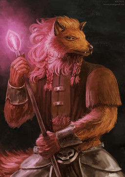 5_fingers anthro armor black_background black_nose bracelet braided_hair brown_clothing brown_shirt brown_topwear clothed clothing fangs fingers fur glowing glowing_staff hair holding_object holding_staff holding_weapon jewelry long_hair male midriff red_body red_eyes red_fur shirt simple_background solo staff teeth topwear vest weapon kronte elden_ring fromsoftware red_wolf_of_radagon canid canine canis mammal wolf hi_res