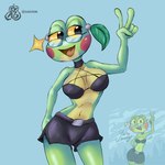 anthro breasts clothing eyewear female gesture glasses hand_gesture medium_breasts non-mammal_breasts smile solo v_sign zyasixpear_(artist) draw_this_in_your_style anny amphibian frog 1:1 hi_res