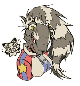 clothing dark_body dark_skin evolutionary_family female hair mask ponytail raccoon_tail_hair red_eyes smile solo tracksuit zipper oh_sorry_02 bandai_namco digimon animal_humanoid bearcatmon digimon_(species) humanoid mammal mammal_humanoid pristimon procyonid procyonid_humanoid raccoon_humanoid