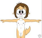 anthro arms_outstretched brown_hair clitoris countershade_torso countershading female flat_chested fur genitals hair looking_at_viewer multicolored_body multicolored_fur navel nipples nude pussy short_hair simple_background solo spread_arms spreading t-pose tan_body tan_fur white_background white_body white_fur young young_anthro young_female thekzx izzy_(thekzx) canid canine canis dingo mammal portrait signature three-quarter_portrait