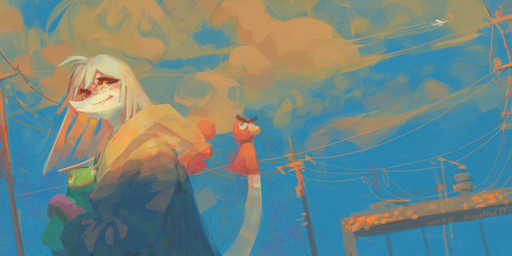 anthro blonde_hair blush clothed clothing cloud female freckles hair long_hair oversized_clothing power_lines puppet sky skyscape smile solo white_body yellow_sclera catheadyy cavemanon_studios puppet_pals snoot_game judee dinosaur prehistoric_species reptile saurischian scalie theropod troodon troodontid absurd_res digital_media_(artwork) digital_painting_(artwork) hi_res painting_(artwork)