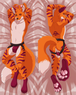 4_toes anthro anus black_claws black_eyebrows black_nose blue_eyes butt cheek_tuft chest_tuft claws clothed clothing dakimakura dipstick_tail eyebrows facial_tuft feet fur head_tuft heterochromia inner_ear_fluff jockstrap jockstrap_only lying male markings multicolored_body multicolored_fur navel on_back on_front orange_body orange_fur pawpads pink_pawpads purple_stripes red_eyes snout solo striped_body striped_fur stripes tail tail_markings toes topless tuft underwear underwear_only whisker_spots white_body white_fur lawkie canid canine fox mammal 2026 colored dakimakura_design digital_drawing_(artwork) digital_media_(artwork) hi_res shaded