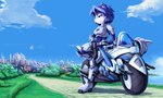 accessory aircraft anthro armor belt blue_hair breasts building clothing cloud day detailed_background female footwear fur gloves grass great_fox gun hair hair_accessory half-closed_eyes handgun handwear motorcycle narrowed_eyes plant ranged_weapon short_hair solo vehicle weapon white_body white_fur glitcher nintendo star_fox krystal_(star_fox) canid canine fox mammal 2022 5:3 hi_res