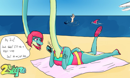 5_fingers anthro asphyxiation beach beach_towel blue_sky bone_frill cellphone clothing day detailed_background dialogue drowning electronics eyelashes eyeshadow female fingers flip_flops footwear frill_(anatomy) green_body green_scales group hair light-skinned_male light_body light_skin long_neck long_tail lying magenta_body magenta_scales makeup male mostly_submerged multicolored_body multicolored_scales on_front one-piece_swimsuit open_mouth open_smile outside phone phone_call pink_hair purple_eyeshadow sandals scales sea seaside shoes short_hair sky smartphone smile snout swimwear tail teal_eyes text towel trio turquoise_body turquoise_scales two_tone_body two_tone_scales water white_body white_scales 2sleepee cavemanon_studios i_wani_hug_that_gator inco_(iwhtg) liz_farlane mia_moretti brachiosaurid brachiosaurus dinosaur hadrosaurid human macronarian mammal ornithischian ornithopod parasaurolophus prehistoric_species reptile saurischian sauropod sauropodomorph scalie 2025 digital_drawing_(artwork) digital_media_(artwork) english_text hi_res