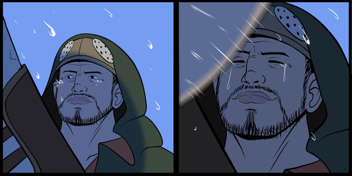anthro beard bodily_fluids duo eyes_closed facial_hair female holding_object holding_weapon imminent_violence larger_female male size_difference smaller_male tan_body tan_skin tears weapon blen_bodega capcom monster_hunter human leviathan_(mh) mammal uth_duna 2:1 absurd_res comic hi_res reaction_image