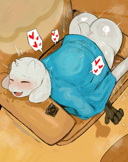 ambiguous_gender anthro biped blush bodily_fluids butt condom cum duo eyebrows fur genital_fluids heart_symbol horn open_mouth open_smile sexual_barrier_device smile solo_focus speech_bubble sweat tail tongue kemo_ka_nya undertale_(series) toriel bovid caprine goat mammal hi_res
