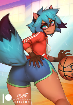 anthro athletic_wear ball basketball_(ball) blue_body blue_fur blue_hair bottomwear breasts brown_body brown_fur butt clothed clothing dipstick_tail dolphin_shorts female fully_clothed fur gym_bottomwear gym_shorts hair hand_on_butt jacket looking_back markings shirt shorts smile solo tail tail_markings topwear dragonfu brand_new_animal studio_trigger michiru_kagemori canid canine mammal raccoon_dog tanuki 2023 hi_res