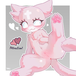 :3 animal_ears anus arm_tuft belly blush blush_lines body_blush cat_tail chest_tuft clitoral_hood cross_(marking) ear_tuft female feral flat_belly flat_chested forehead_mark fur genitals glistening glistening_body grey_background heart_reaction heart_symbol knee_tuft leg_tuft long_lashes looking_at_viewer lying navel nipples on_side pawpads pink_body pink_ears pink_fur pink_nipples pink_pawpads pink_paws pink_tail pink_vulva presenting raised_leg shoulder_tuft simple_background solo tail tuft vulva vulva_blush white_eyes ttaki mewgenics marshmallow_(mewgenics) domestic_cat felid feline felis mammal 1:1 hi_res signature