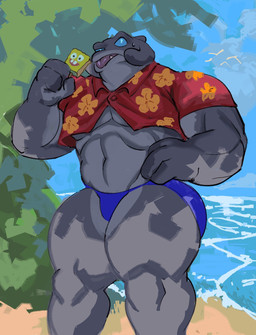 3_fingers aloha_shirt beach blue_clothing blue_eyes blue_sclera blue_speedo blue_swimwear bodily_fluids character_popsicle clothing cloud collared_shirt detailed_background fingers floral_pattern food grey_body hand_on_hip looking_at_viewer male midriff muscular muscular_humanoid muscular_male pattern_clothing pattern_shirt pattern_topwear plant popsicle red_clothing red_shirt red_topwear sea shirt small_shirt solo speedo spongebob_popsicle sweat sweatdrop swimwear teeth topwear tree water tiburalgo disney lilo_and_stitch nickelodeon popsicle_(brand) spongebob_squarepants gantu spongebob_squarepants_(character) alien alien_humanoid humanoid 2025 digital_media_(artwork) hi_res