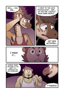 anthro armpit_hair body_hair brown_body brown_hair clothing cute_fangs dialogue duo fangs four_frame_image gesture hair hand_behind_head hand_gesture horn long_neck male nipples ossicone red_clothing red_shirt red_topwear sad serious shirt speech_bubble tank_top teeth text thumbs_up topwear white_clothing white_shirt white_topwear yellow_body t0l0k andrew_(t0l0k) scott_(t0l0k) felid giraffe giraffid lion mammal pantherine comic english_text hi_res multiple_scenes