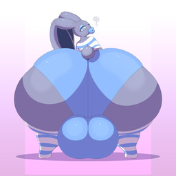 anthro balls big_balls big_butt blue_clothing blue_crop_top blue_eyes blue_eyeshadow blue_footwear blue_inner_ear blue_legwear blue_lips blue_panties blue_shirt blue_socks blue_thigh_highs blue_thigh_socks blue_topwear blue_underwear butt clothing crop_top eyelashes eyeshadow femboy footwear genitals grey_body grey_ears grey_tail huge_balls huge_butt huge_thighs hyper hyper_balls hyper_butt hyper_genitalia hyper_lips legwear lips looking_at_viewer looking_back looking_back_at_viewer makeup male panties pattern_clothing pattern_crop_top pattern_legwear pattern_socks pattern_thigh_highs pattern_thigh_socks pattern_topwear pink_background question_mark rear_view scut_tail shirt short_tail simple_background socks solo tail thick_lips thick_thighs thigh_highs thigh_socks tight_clothing topwear underwear white_clothing white_crop_top white_footwear white_legwear white_socks white_thigh_highs white_thigh_socks white_topwear kuroyami ethan_(reathe) lagomorph leporid mammal rabbit 1:1 2026 absurd_res cel_shading colored digital_media_(artwork) hi_res shaded