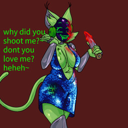 anthro aroused blood blood_on_face blue_clothing blue_dress blush bodily_fluids clothing colored_blood dress female frustrated fur green_blood green_body green_fur gunshot_wound knife machine sexual_frustration solo sparkles sparkling_clothing sparkling_dress text threatening_with_weapon unusual_blood unusual_bodily_fluids wallkisser cofi_(wallkisser) protogen 1:1 english_text