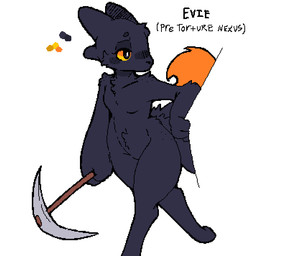 anthro arm_tuft belly_tuft black_body black_eyes black_fur chest_tuft dipstick_tail elbow_tuft facial_tuft featureless_chest female fingers flat_chested fur looking_aside looking_away looking_to_right markings nude nude_female orange_sclera pickaxe shoulder_tuft simple_background solo tail tail_markings text tired tuft walking white_background wide_hips botanics casualties:_unknown canid expie_(gunsawian) gunsawian hybrid mammal colored digital_drawing_(artwork) digital_media_(artwork) english_text