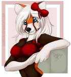 anthro black_nose blue_eyes blush bra breasts brown_body brown_fur cleavage clothed clothing female fur hair lingerie long_hair navel orange_body orange_fur ribbons smile solo underwear white_body white_fur white_hair wolflady redd_(areddpanda) ailurid mammal red_panda digital_media_(artwork)