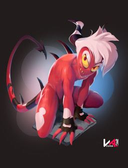 crouching featureless_crotch glistening glistening_eyes hair horn looking_at_viewer male male_humanoid mouth_closed nude red_body red_eyes sharp_teeth short_hair simple_background solo spade_tail striped_horn stripes tail teeth white_hair yellow_sclera yellow_teeth vesper_art hellaverse helluva_boss vic_the_imp humanoid imp hi_res