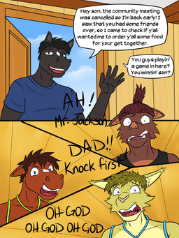4_panel_comic 5_fingers alarmed angry anthro bdsm black_body black_clothing black_fur black_hair black_shirt black_topwear blonde_hair blue_clothing blue_eyes blue_shirt blue_topwear bondage bound brown_body brown_fur brown_hair caught clothed clothed_anthro clothed_male clothing cloud countershading day detailed_background dialogue diamond_(marking) door doorway ear_tuft ears_down embarrassed exclamation_point facial_hair fingers freaking_out front_view fur group hair inside male male/male male_anthro markings open_door open_mouth panicking pink_nose pivoted_ears pointy_ears prick_ears restraints rope rope_bondage shirt snout speech_bubble surprised tank_top teeth text tongue topless topless_anthro topless_male topwear tuft wide_eyed yelling yellow_body yellow_fur fuze texnatsu adam_caro blake_jackson jorge_san_nicolas sam_jackson bobcat equid equine felid feline horse lynx mammal 2025 3:4 comic digital_drawing_(artwork) digital_media_(artwork) english_text hi_res father_(lore) father_and_child_(lore) father_and_son_(lore) parent_(lore) parent_and_child_(lore) parent_and_son_(lore) son_(lore)