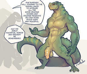 3_toes 4_fingers abs anthro balls biped claws dialogue feet finger_claws fingers front_view genitals green_body green_sclaws green_tail male navel nude nude_anthro nude_male penis scales simple_background solo speech_bubble standing tail teeth text toe_claws toes lluisabadias scalie 2026 absurd_res digital_drawing_(artwork) digital_media_(artwork) english_text hi_res