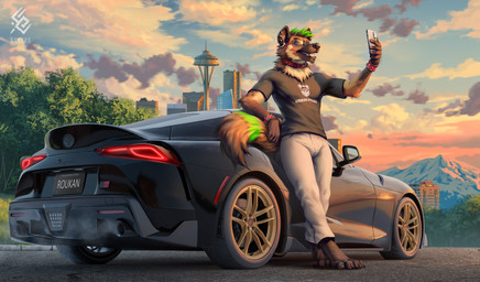 anthro barefoot black_clothing black_shirt black_t-shirt black_topwear blue_sky bottomwear bridge_piercing brown_body brown_fur car clothed clothing cloud ear_piercing ear_ring facial_piercing feet fur grass green_eyes green_hair grin hair lip_piercing lip_ring male male_anthro nose_piercing orange_sky outside pants piercing plant ring_piercing seattle shirt short_hair sky smile solo standing t-shirt taking_picture taking_selfie tan_body tan_fur topwear tree vehicle white_bottomwear white_clothing white_pants cereus93 hyena mammal absurd_res hi_res