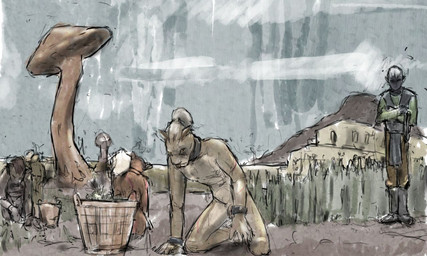 anthro basket building cloud collar container cuff_(restraint) detailed_background flaccid fungus genitals group hair kneeling male metal_collar metal_cuffs mushroom nude nude_anthro nude_male outside overcast penis restraints sky slave jeri_kleinlowe bethesda_game_studios microsoft morrowind the_elder_scrolls dunmer felid humanoid khajiit mammal 2022 5:3 colored