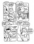 anthro beverage black_and_white canid canine canis comic dialogue domestic_dog duo ear_piercing english_text eyewear food glasses howie_(vasuki) male mammal monochrome piercing salad shiba_inu spitz text vasuki