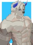 abs anthro beard blue_eyes brown_body brown_fur chest_tuft facial_hair fur grey_body grey_fur grey_hair hair horn male nipples pecs sideburns solo tuft n0dakan lifewonders tokyo_afterschool_summoners bigfoot_(tas) bovid bovine cattle mammal absurd_res hi_res