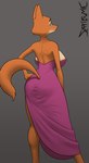 anthro backless_clothing backless_dress big_breasts breasts clothed clothing dress female looking_at_viewer looking_back nipple_slip side_slit side_slit_clothing side_slit_dress simple_background solo standing septicemic_(artist) dreamworks the_bad_guys diane_foxington canid canine fox mammal red_fox true_fox hi_res