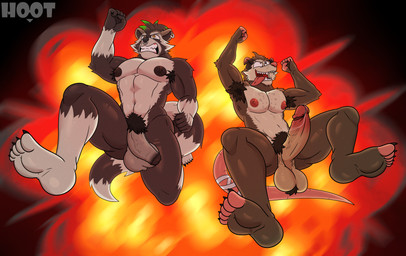 abs anthro armpit_hair balls big_balls big_penis body_hair duo ear_piercing erection explosion facial_piercing feet foot_focus foreskin fur genitals glans hair humanoid_feet humanoid_genitalia humanoid_penis jumping male male_anthro markings muscular muscular_anthro muscular_male nipples nose_piercing nose_ring nude pecs penis penis_size_difference piercing plantigrade pubes retracted_foreskin ring_piercing running soles tail tongue dg254 epic_games fortnite rufus_(fortnite) skillet_(fortnite) american_opossum mammal marsupial procyonid raccoon virginia_opossum absurd_res digital_media_(artwork) hi_res