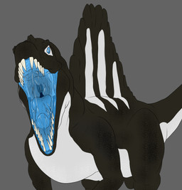 black_body black_scales blue_insides bodily_fluids feral male mouth_shot open_mouth saliva saliva_on_tongue scales solo teeth teeth_showing tongue uvula vore white_body white_scales sorrelbirdy(artist) sorrel_(sorrelbirdy) dinosaur prehistoric_species reptile saurischian scalie spinosaurid spinosaurus theropod absurd_res hi_res