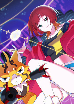 anthro blue_eyes bottomwear clothing crop_top duo female fur green_eyes hair jacket mechanical_arm orange_body orange_fur red_hair shirt shorts smile smirk topwear tyks_yuzu bandai_namco digimon digimon_beatbreak reina_sakuya digimon_(species) human mammal pristimon hi_res