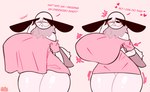 antennae_(anatomy) anthro big_breasts breasts clothing curvy_figure eyewear female glasses glistening glistening_body heart_symbol huge_breasts hyper hyper_breasts looking_at_viewer one_eye_closed open_mouth pink_background pink_clothing pink_shirt pink_topwear round_glasses shirt simple_background smile solo standing text thick_thighs topwear voluptuous white_body wide_hips wink yawn forsakenedbread mocha_(forsakenedbread) arthropod insect lepidopteran moth absurd_res english_text hi_res