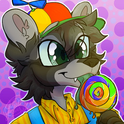 anthro candy clothing dessert food green_eyes green_tongue hat headgear headwear lollipop male pattern_clothing pattern_shirt pattern_topwear propeller_hat shirt simple_background solo striped_clothing striped_shirt striped_topwear stripes suspenders tongue tongue_drip topwear jewlzanimations victor_(mrmoopne) mammal procyonid raccoon 1:1 hi_res