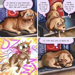 4_panel_comic abuse animal_abuse collar electricity electrocution feral fur lying on_front sad shock_collar tail tail_motion tailwag tan_body text tongue tongue_out gprime85 collargate hasanabi vulnerable_(shen_comix) kaya_piker canid canine canis domestic_dog mammal 1:1 comic digital_media_(artwork) english_text hi_res