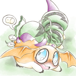 antennae_(anatomy) attempted_vore beak bite biting_another blue_eyes butt butt_bite butt_grab candy claws dessert female feral food green_body hand_on_butt head_wings imminent_vore marshmallow membrane_(anatomy) membranous_wings orange_body quadruped segmented_body speech_bubble stinger stinger_tail tail unusual_wing_placement vore wings bakothemimic bandai_namco digimon nintendo pokemon pokemon_mystery_dungeon spike_chunsoft arthropod digimon_(species) dokunemon insect patamon 1:1 hi_res