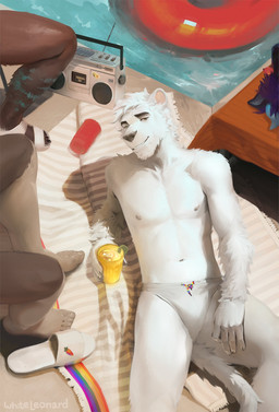 alcohol ambiguous_gender anthro beach_towel beverage bulge claws clothed clothing cocktail container cup electronics eye_contact eyewear footwear fur group hair lgbt_pride looking_at_another looking_at_viewer male nipples paws radio rainbow sandals shoes smile smiling_at_viewer stereo summer sunglasses swimming_pool swimwear tail tail_between_legs teeth topless towel whiteleonard felid lion mammal pantherine safe_(disambiguation) hi_res