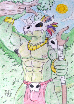 accessory anthro areola armpit_hair barazoku biceps body_hair bone bone_mask bulge day forest forest_background green_body holding_object looking_at_viewer male manly mask muscular muscular_anthro muscular_male nature nature_background nipples outside pecs plant skull skull_mask sky staff tail tree dashthefox terraria witch_doctor_(terraria) lihzahrd lizard reptile scalie 2026 absurd_res hi_res oil_pastel_(artwork) pastel_(artwork) traditional_media_(artwork)
