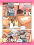 3:4 anthro bodily_fluids clothed clothing comic cum cum_on_ceiling dialogue diggersby digital_media_(artwork) duo english_text eyes_closed female generation_4_pokemon generation_6_pokemon genital_fluids goopyarts hi_res janitor lagomorph leporid lopunny male male/female mammal nintendo pokemon pokemon_(species) rabbit shirtless simple_background slightly_chubby teeth text