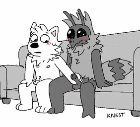 antennae_(anatomy) anthro becoming_erect big_penis blush constricted_pupils duo erection furniture genitals handjob humanoid_genitalia humanoid_penis male male/male male_anthro nipples open_mouth penile penis pupils sex sitting small_pupils sofa swallowing text knest normalsville ferris_(normalsville) owen_(normalsville) arthropod bee canid canine canis domestic_dog hymenopteran insect mammal animated animated_webp greyscale monochrome