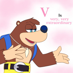 backpack belt black_nose blue_eyes bottomwear brown_body brown_fur clothed clothing fur half-closed_eyes hand_on_chest head_tuft jewelry looking_aside male narrowed_eyes necklace open_mouth pink_background shorts simple_background smile solo teeth text topless tuft skelly_doll banjo-kazooie rareware banjo_(banjo-kazooie) bear mammal 1:1 2020 english_text hi_res