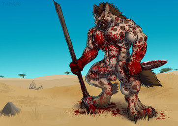4_toes 5_fingers abs anthro balls barbell_piercing big_balls big_penis black_nose blood blood_covered blood_on_arm blood_on_balls blood_on_chest blood_on_face blood_on_foot blood_on_ground blood_on_hand blood_on_knife blood_on_leg blood_on_neck blood_on_object blood_on_penis blood_on_spear blood_on_weapon blood_soaked_fur blood_splatter bodily_fluids bone_piercing brown_hair circular_barbell_piercing claws digitigrade ear_piercing erection excessive_blood facial_piercing feet finger_claws fingers frenum_ladder frenum_piercing fur genital_piercing genitals gore grin hair hindpaw holding_knife holding_melee_weapon holding_object holding_polearm holding_spear holding_weapon humanoid_hands knife ladder_piercing male markings melee_weapon muscular muscular_anthro muscular_male nature navel nipple_piercing nipples nose_piercing nude nude_anthro nude_male outdoor_nudity outside paws pecs penis penis_piercing piercing polearm prince_albert_piercing savanna septum_circular_barbell septum_piercing shoulder_piercing smile solo spear spots spotted_body spotted_fur standing tail tan_body tan_fur teeth toe_claws toes tribal vein veiny_penis weapon tahou gnoll hyena mammal hi_res