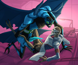 2_toes 3_fingers 3_toes 4_fingers 4_wings antennae_(anatomy) bed belt black_body black_fur blue_body blue_countershading blue_markings blue_ovipositor bodily_fluids carapace claws clothed clothing compound_eyes countershading detailed_background digitigrade dripping duo facial_markings feet female fingers fur furniture genital_fluids genitals head_markings lamp light male male/female mandibles markings multi_wing nightstand not_furry omnitrix open_mouth ovipositor partially_clothed precum precum_drip red_markings scales size_difference teeth_showing toe_claws toes vaginal_fluids vulva wings lumen_fox ben_10 bioware cartoon_network electronic_arts mass_effect big_chill sidera_nyx alien arthropod insect lepidopteran moth necrofriggian turian 6:5 absurd_res crossover hi_res lighting shaded signature