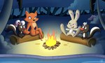 anthro campfire female forest group male plant sitting_on_log tree nyctophelia skunk_fu fan_character fox_(skunk_fu) rabbit_(skunk_fu) skunk_(skunk_fu) skunkette canid canine fox lagomorph leporid mammal mephitid rabbit skunk 5:3 absurd_res hi_res