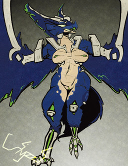 anthro bat_wings blue_body blue_feathers blue_fur bone claws feathers female fur genitals green_eyes green_mouth membrane_(anatomy) membranous_wings night nipples paws scales simple_background smile smiling_at_viewer smirk smirking_at_viewer solo tail tan_body tan_scales vulva wingarms wings wings_instead_of_hands kattzzi microsoft minecraft mojang xbox_game_studios aruna_the_phantom phantom_(minecraft) undead hi_res