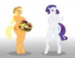 2012 anthro anthrofied apple applejack_(mlp) big_breasts blonde_hair blue_eyes breasts bucket clothing container curvy_figure cutie_mark duo earth_pony equid equine female food freckles friendship_is_magic fruit fur genitals green_eyes hair hasbro hat headgear headwear hooves horn horse humanoid_genitalia humanoid_pussy long_hair makeup mammal monotone_genitals my_little_pony mythological_creature mythological_equine mythology navel nipples nude pink_nipples pink_pussy plant pony purple_hair pussy rarity_(mlp) revadiehard short_hair simple_background slightly_chubby smile tail thick_thighs unicorn voluptuous weight_gain white_background white_body white_fur wide_hips